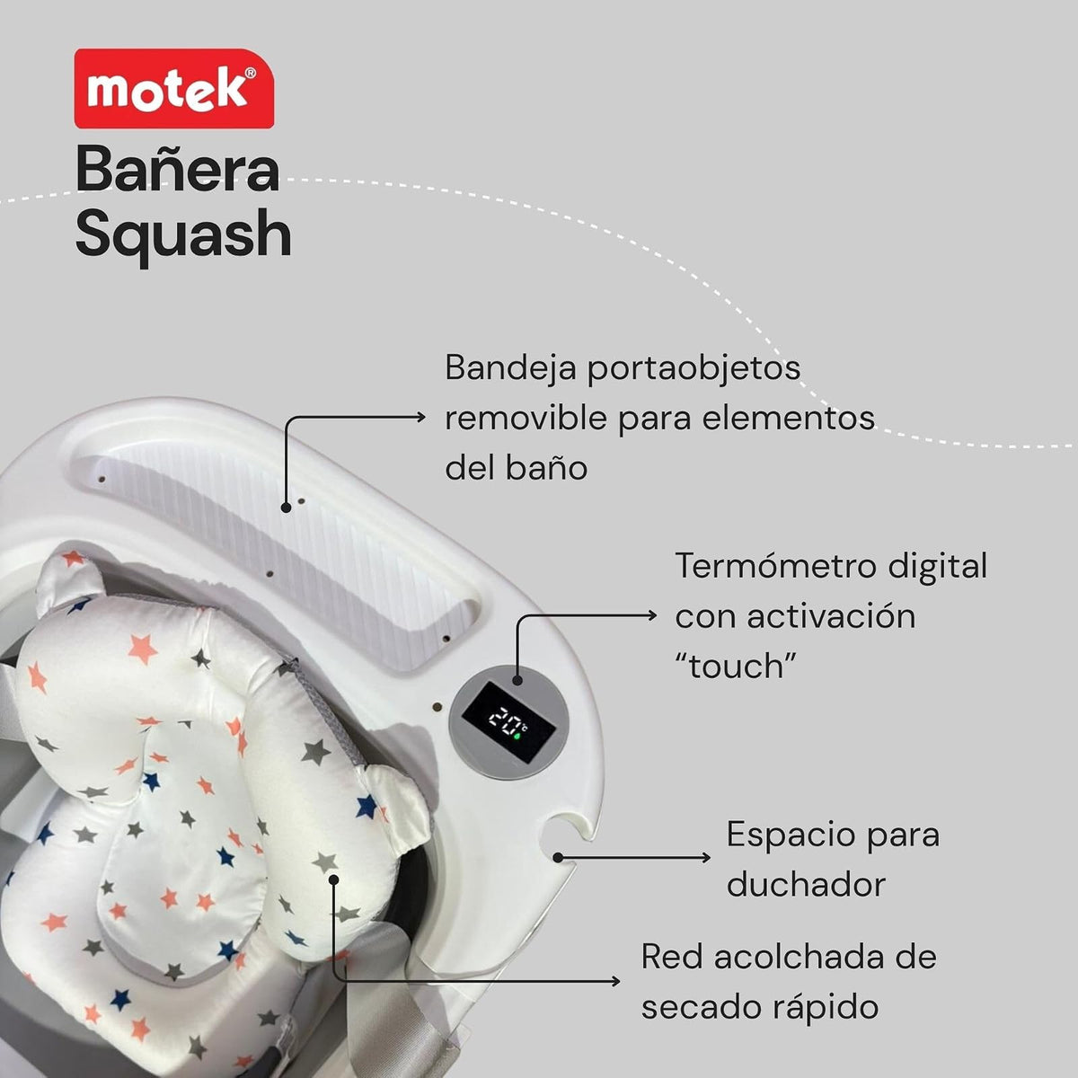 Motek Squash Bañera Tina Plegable para Bebé con Termómetro Digital Táctil, Red Acolchada de Soporte, Tapón de Drenaje y Charola Removible, Diseño Ultra Compacto Portátil, Superficie antideslizante (Azul)