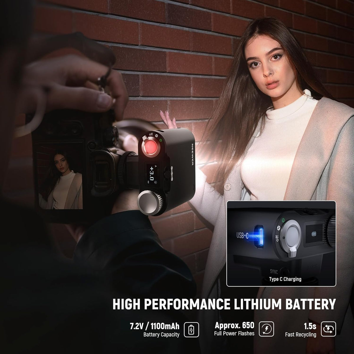 NEEWER Z160 Flash Contacto Unico Compatible con Canon Nikon Sony Fuji y Olympus, GN14 22W 6000K Speedlite Modo A/M Potencia 1/1-1/128, 1100mAh Batería MAX Potencia 650W, Reciclaje 1,5 s