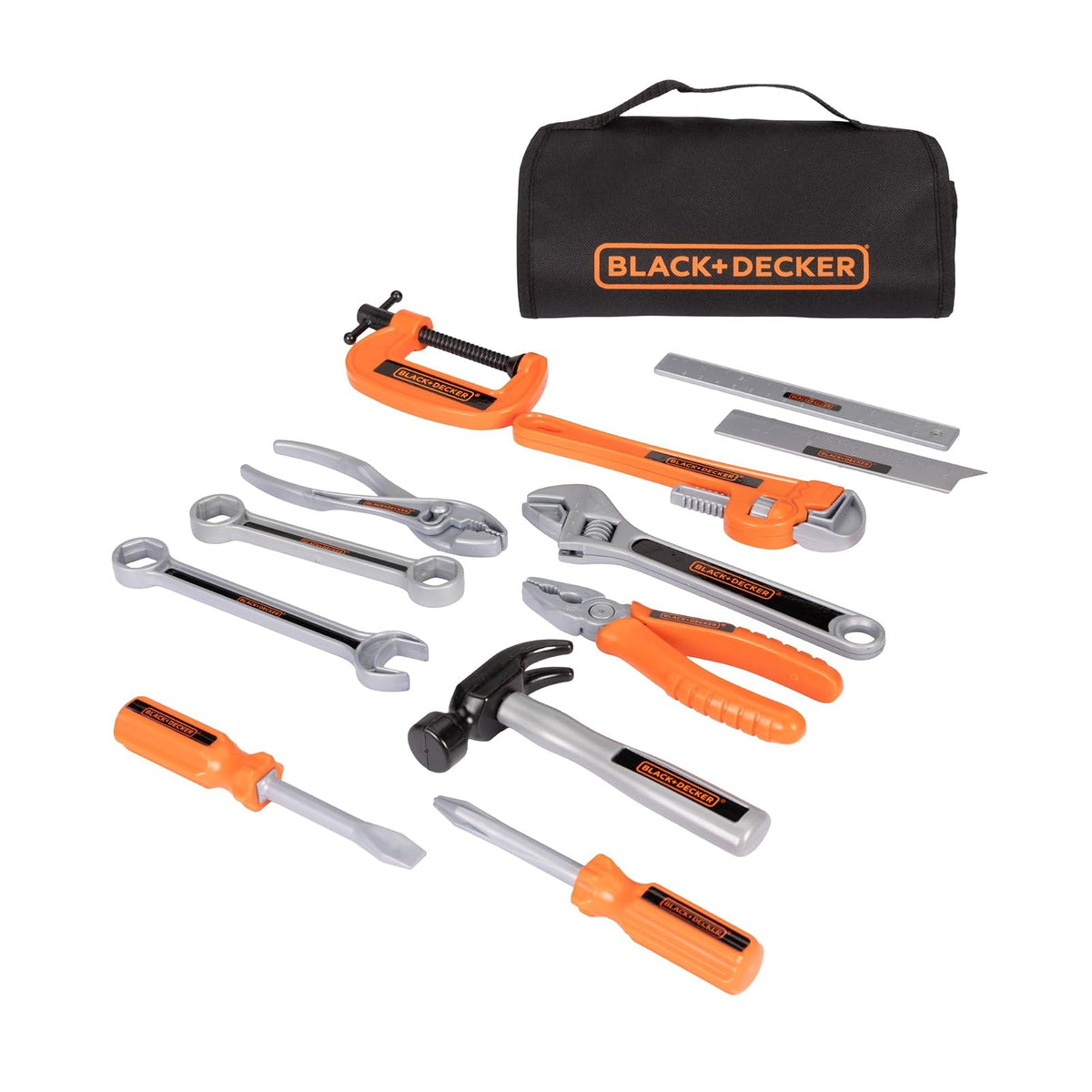 BLACK+DECKER - Juego de bolsas de herramientas para niños, 13 piezas, herramientas de juego de simulación, martillo, destornillador Phillips, alicates, llave ajustable y mucho más Para niños y niñas a