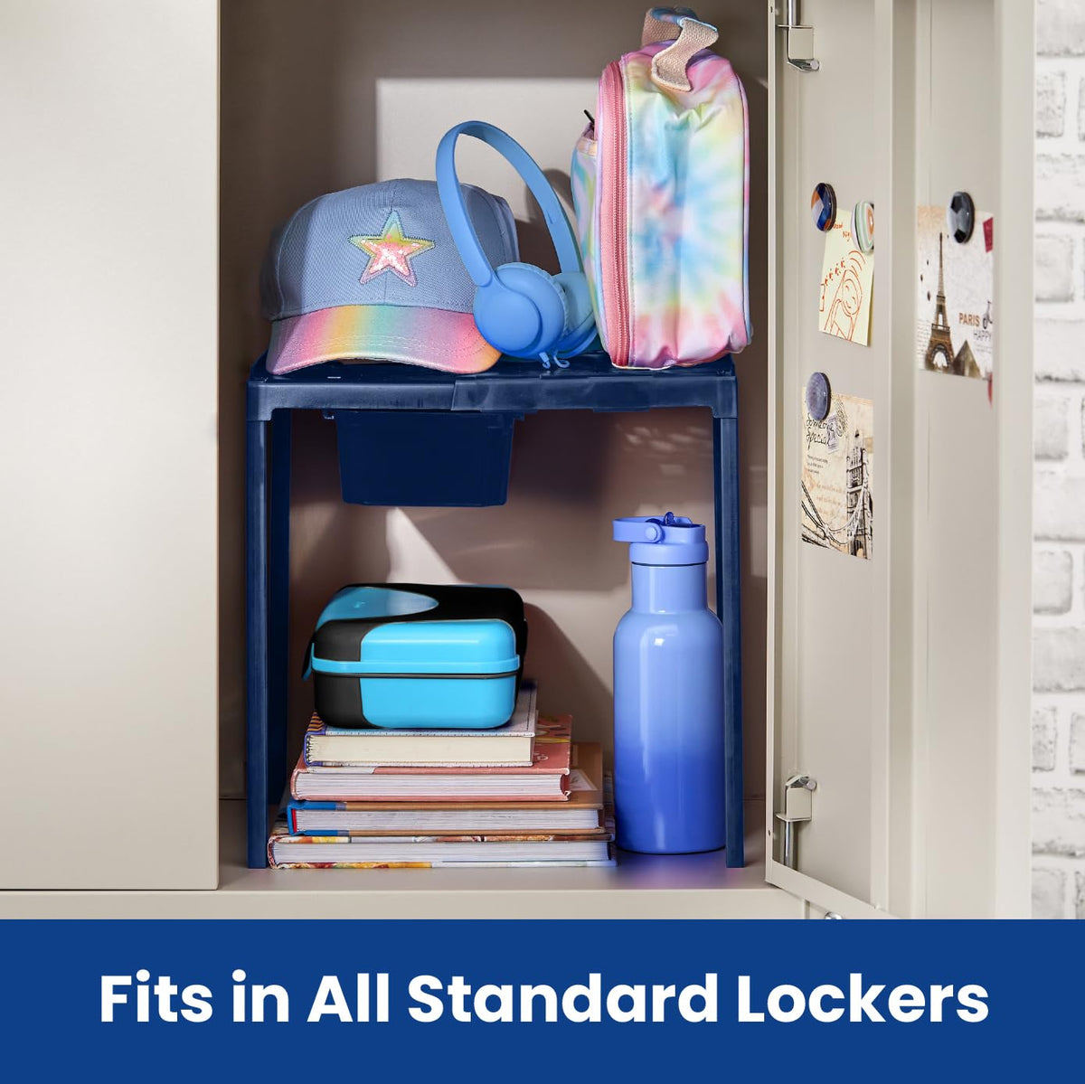 LockerMate - Estante y Organizador de clóset Ajustable para Adaptarse a tu casillero, fácil de Usar, Perfecto para la Escuela, Trabajo, Gimnasio, Incluye cajón de Almacenamiento, Azul