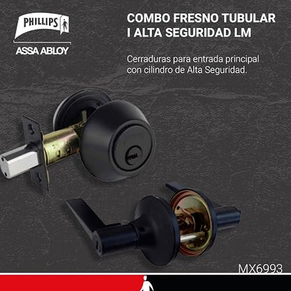 Phillips Combo Cerrojo/Manija Fresno Alta Seguridad Para Entrada LLave-Mariposa Negro
