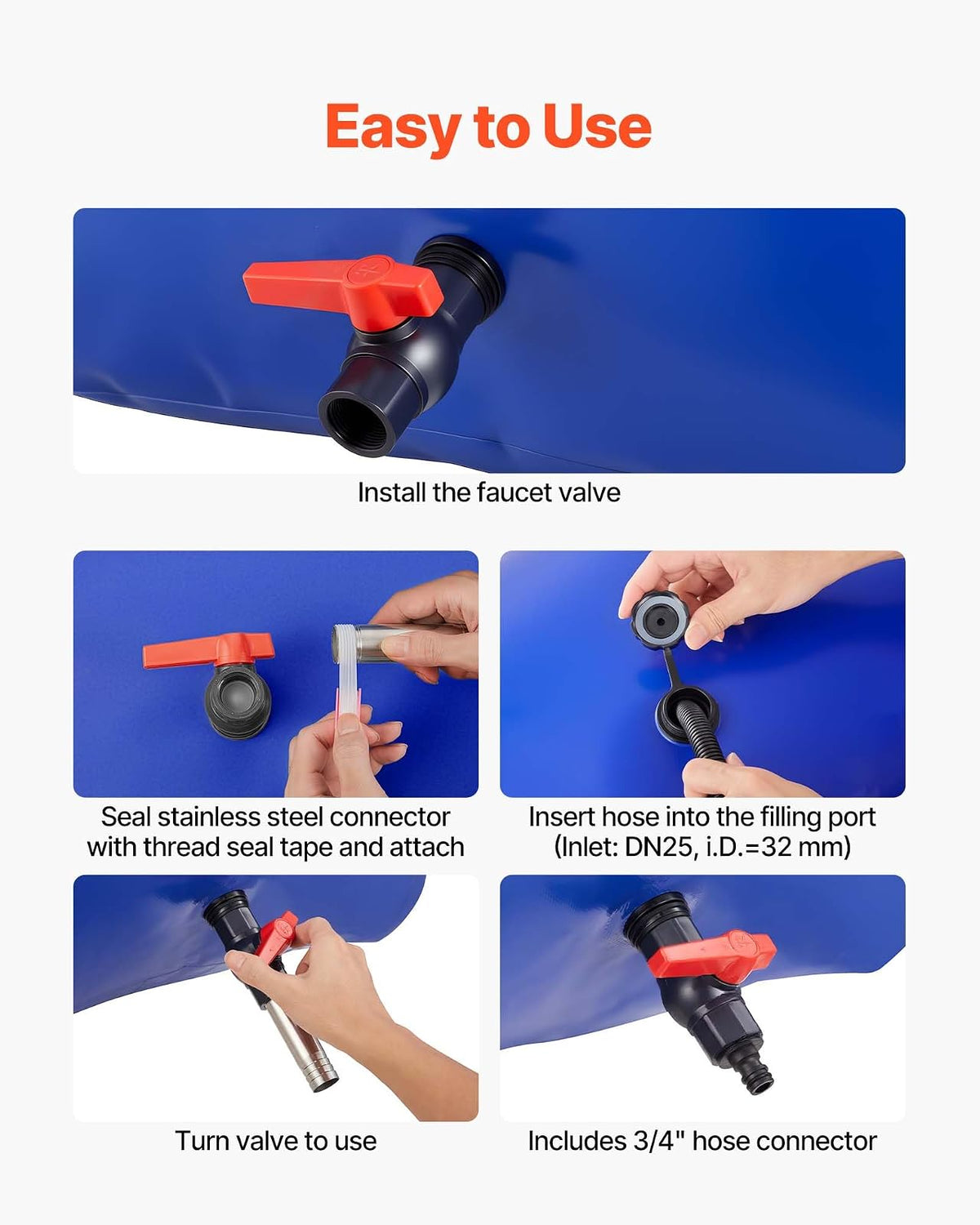 VEVOR ​Vejiga del Almacenamiento de Agua con Válvula 240 L, Bolsa de Agua de PVC Doble Capa 1000D, Portátil y Plegable, Resistente a Fugas, para Autocaravanas, Camiones, Uso en Exteriores, Azul