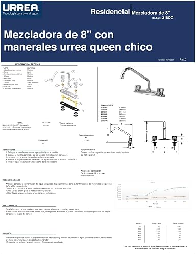 URREA 318QC Mezcladora para Cocina de 8” con Manerales Tipo Queen, Latón Cromado