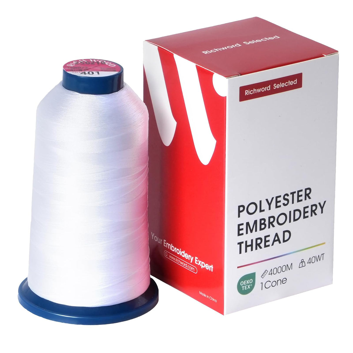Richword - Hilo de bordado blanco seleccionado 5000 Y 40 W, hilo de poliéster 100 colores seleccionados para múltiples agujas comerciales y máquina de bordado de una sola aguja 0401