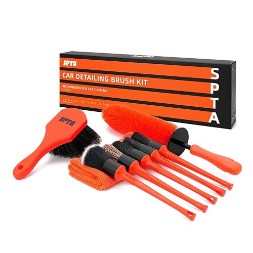 SPTA - Juego de 8 cepillos para Ruedas y neumáticos para Detalles de Automóvil, Cepillo para Polvo de Rueda y llanta, 5 cepillos para detallar, Cepillo para Polvo de Limpieza de Mango Corto, 1 paño de