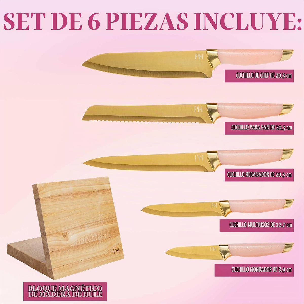 Paris Hilton Juego de bloques de cuchillos con bloque de cuchillos de madera magnético, cuchillas de acero inoxidable de alto carbono con revestimiento de titanio, asas de agarre elegantes y cómodas,