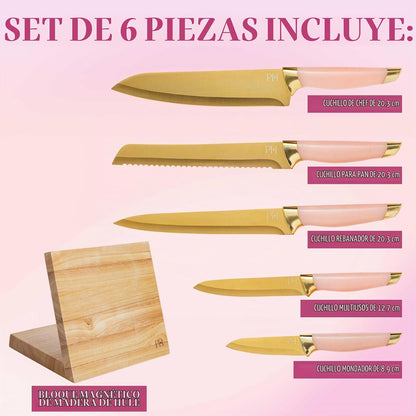 Paris Hilton Juego de bloques de cuchillos con bloque de cuchillos de madera magnético, cuchillas de acero inoxidable de alto carbono con revestimiento de titanio, asas de agarre elegantes y cómodas,
