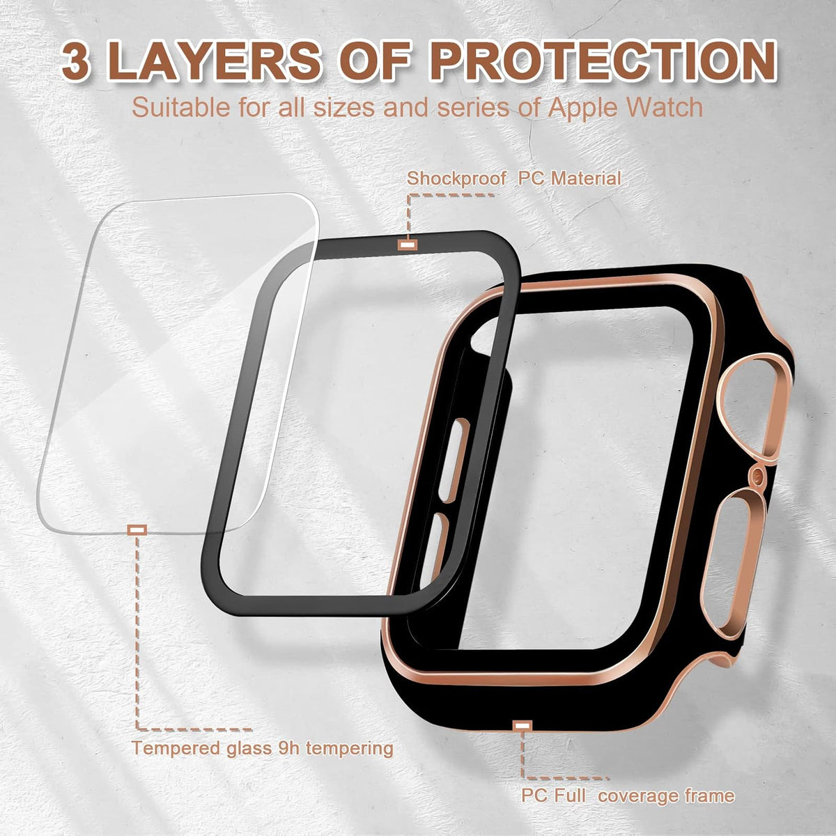 ORIbox Funda rígida de policarbonato con protector de visualización de vidrio templado compatible con Apple Watch Series 3 y Apple Watch Series 2, cobertura completa, cubierta protectora ultrafina HD, negro y oro rosa