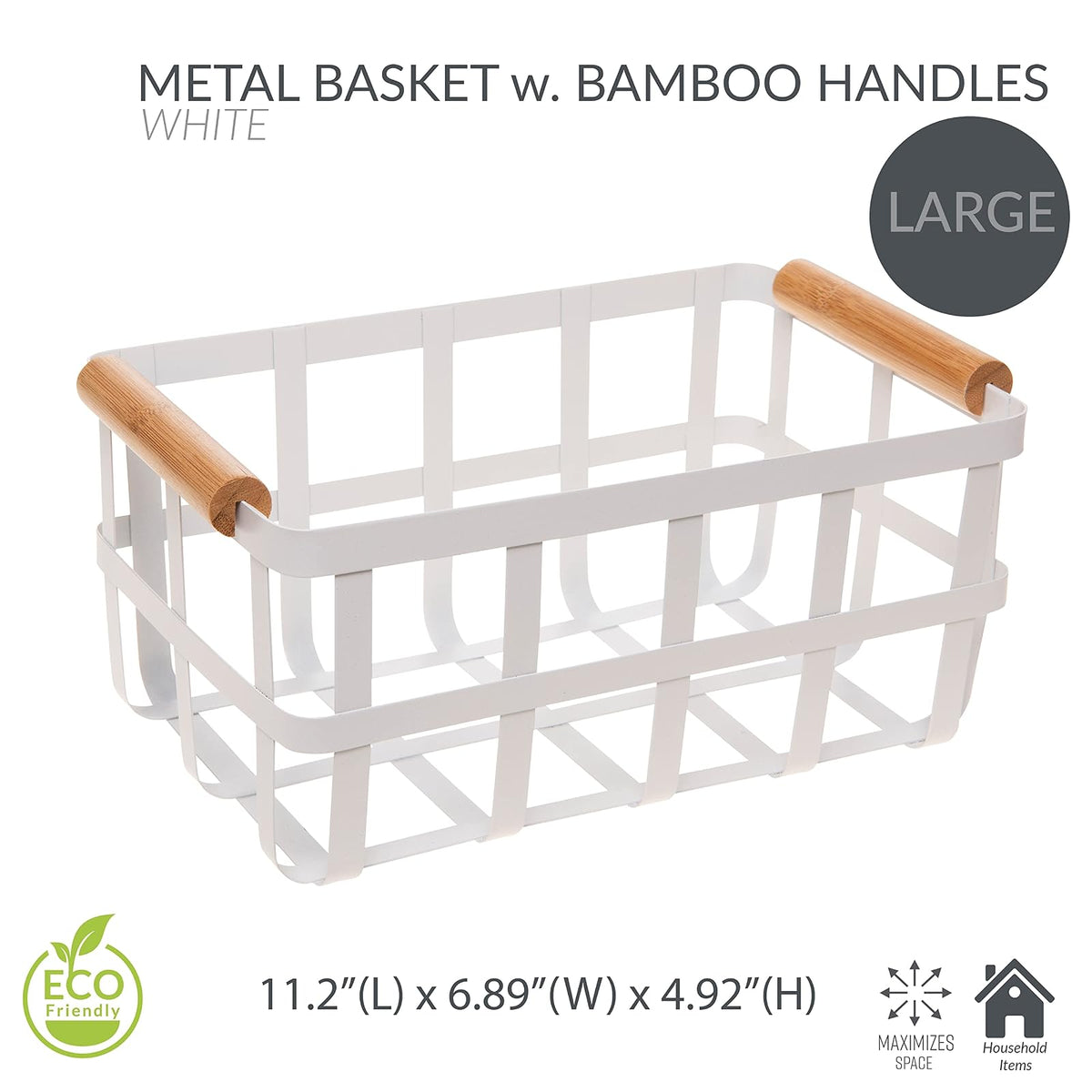 Simplify Cesta Rectangular de Almacenamiento de Metal con Asas de bambú, Grande, Cesta de Alambre Estilo Granja | Organizador del hogar, Decorativo, rústico | Blanco