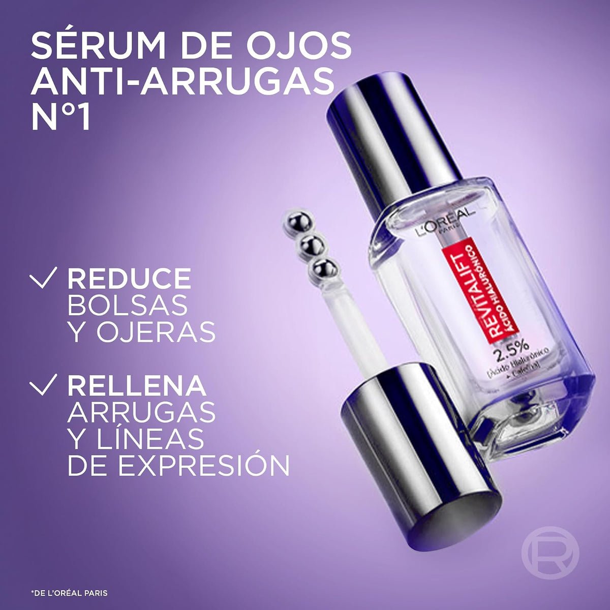 L'Oréal Paris Revitalift Filler Sérum de Ojos con Ácido Hialurónico + Cafeína, Rellena hasta 2.5% Líneas de Expresión y Corrige Ojeras, Aplicador Triple Perla, 15 ml