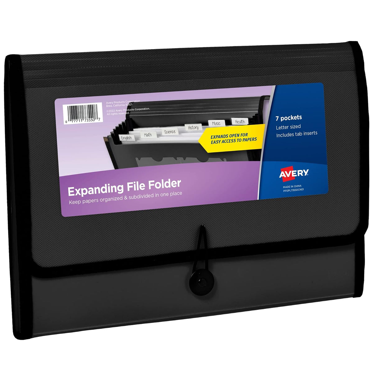 Avery Organizador expandible de carpetas de archivos, organizador de archivos de acordeón de 7 bolsillos, negro, capacidad para 425 hojas de tamaño carta/A4 (73550)