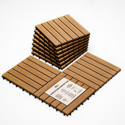 IDZO - Azulejos de cubierta entrelazados, 10 baldosas impermeables de madera de acacia, piso duradero para espacios interiores y exteriores, ideal para patios, balcones, cubiertas, cobertizos