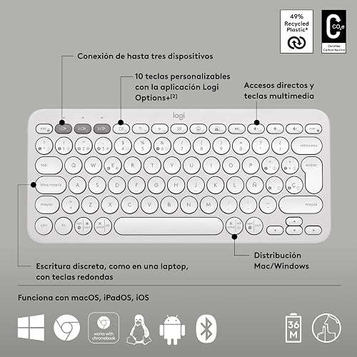 Logitech Pebble Keys 2 K380s, Teclado Bluetooth multidispositivo, accesos directos, estilizado y Portable, Easy-Switch, Windows, macOS, iPadOS, Android, ChromeOS - Blanco