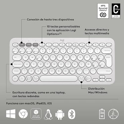 Logitech Pebble Keys 2 K380s, Teclado Bluetooth multidispositivo, accesos directos, estilizado y Portable, Easy-Switch, Windows, macOS, iPadOS, Android, ChromeOS - Blanco