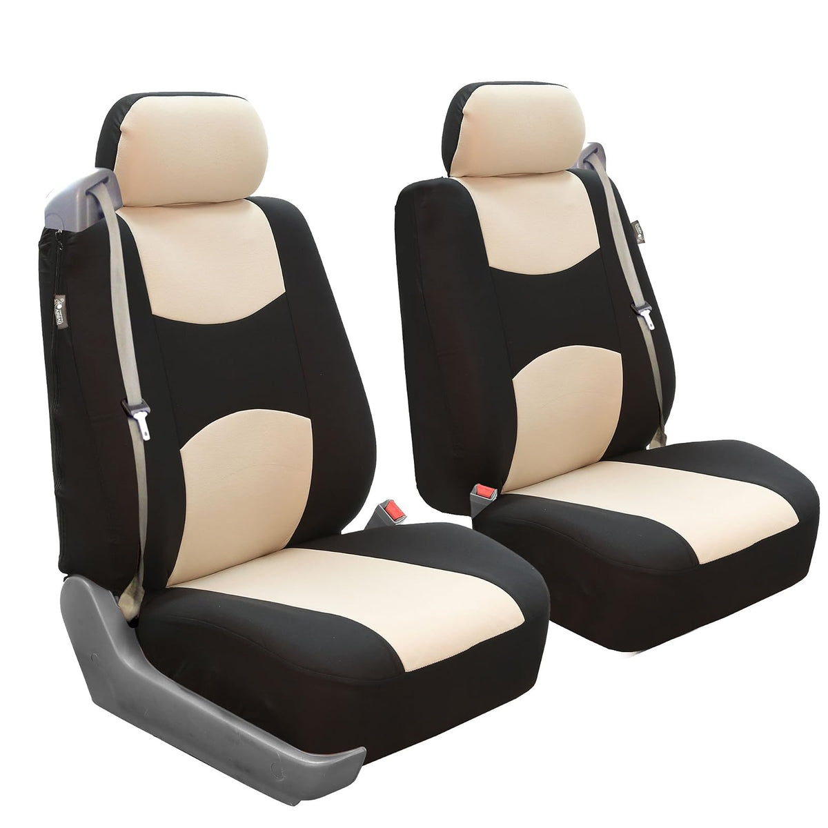 FH GROUP FH-FB351102 Pair Set All Purpose Flat Cloth Built-In Seat Belt Bucket Seat Covers Beige/Black- Fit Most Car, Truck, SUV, or Van