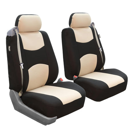 FH GROUP FH-FB351102 Pair Set All Purpose Flat Cloth Built-In Seat Belt Bucket Seat Covers Beige/Black- Fit Most Car, Truck, SUV, or Van