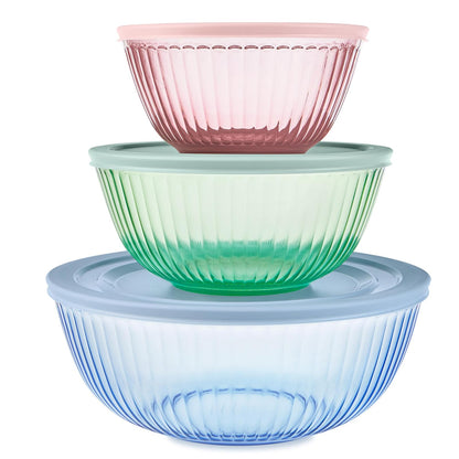Pyrex Colors Tinted (paquete de 3, juego completo) cuencos para mezclar de vidrio tintado esculpido con tapas, juego de cuencos para ahorrar espacio para preparar y hornear, 1.3QT, 2.3QT y 4.5Q, azul