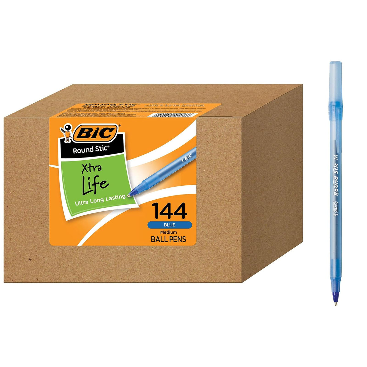 BIC Stic Xtra Life - Bolígrafo redondo (punta mediana), Azul, 144 unidades | Punta media (1,0 mm) para una escritura suave, barril redondo flexible para mayor comodidad, No. 1 bolígrafo de venta