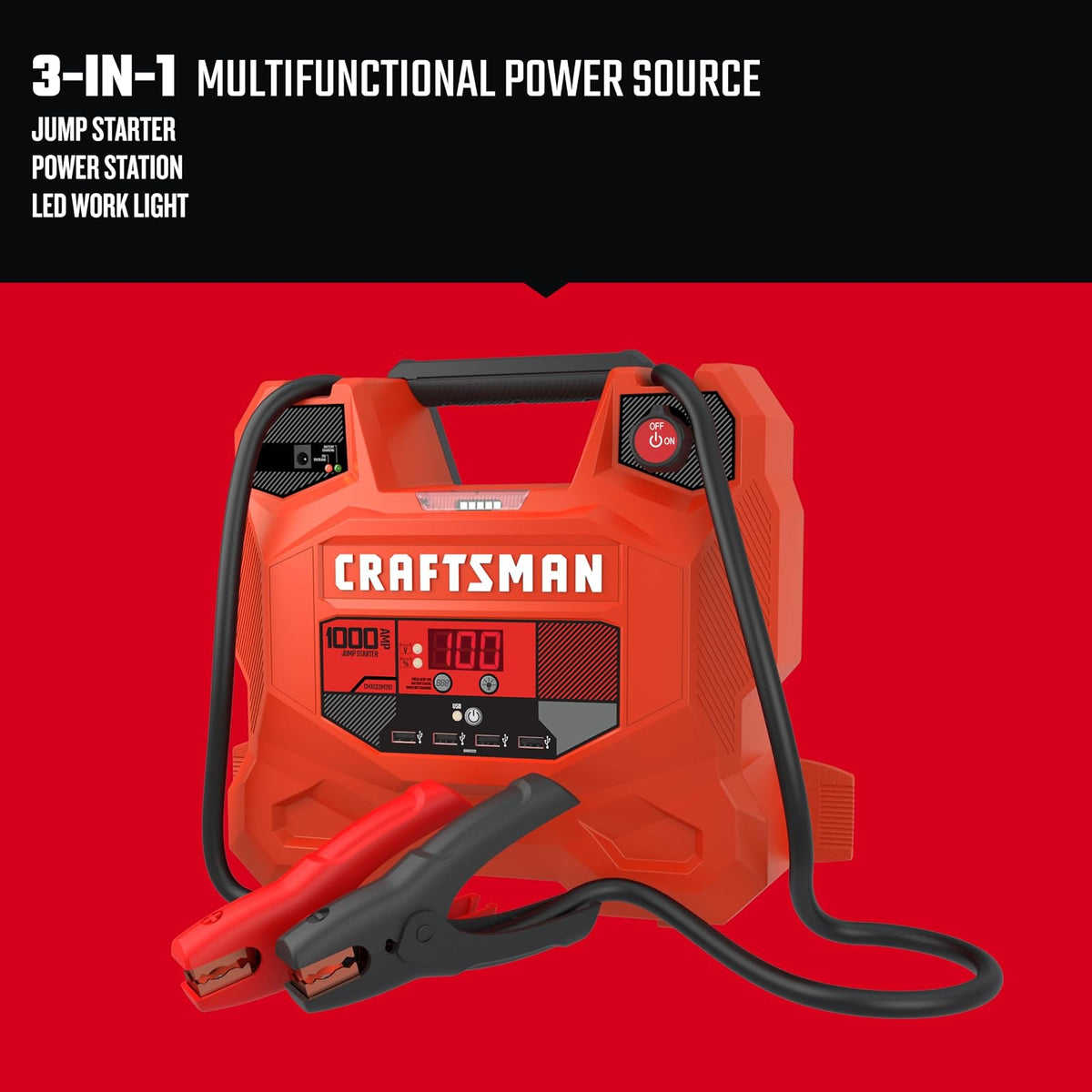 Craftsman CMXCESM281 Arrancador de Batería de Automóvil de 1000A y Estación de Energía Portátil 3 en 1 con Carga USB 12V CC y 2.4A, Rojo