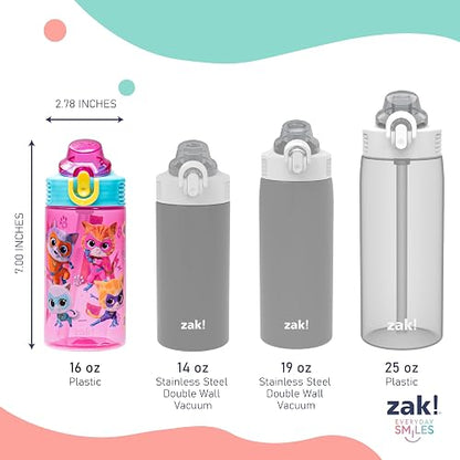 Zak Designs Disney SuperKitties - Botella de agua para niños de salvia para la escuela o los viajes, botella de agua de plástico duradera de 16 onzas con popote, mango y a prueba de fugas, cubierta de