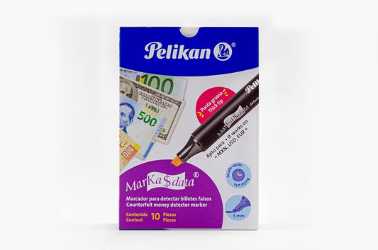 Pelikan Markadata Marcador para Detectar Billetes Falsos con 10 Piezas Apta para Pesos Mexicanos, Dólares Americanos y Euros, Punta Gruesa de 5mm y de Secado Rápido