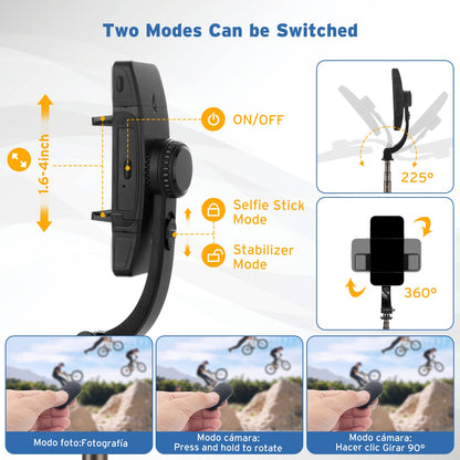 Estabilizador para Celular, Estabilizador de Cardán con Luz de Relleno, Estabilizador de Cardán para Teléfono con Mando Inalámbrico y Trípode, Rotación Automática de 360°,Estabilizador con Palo Selfie