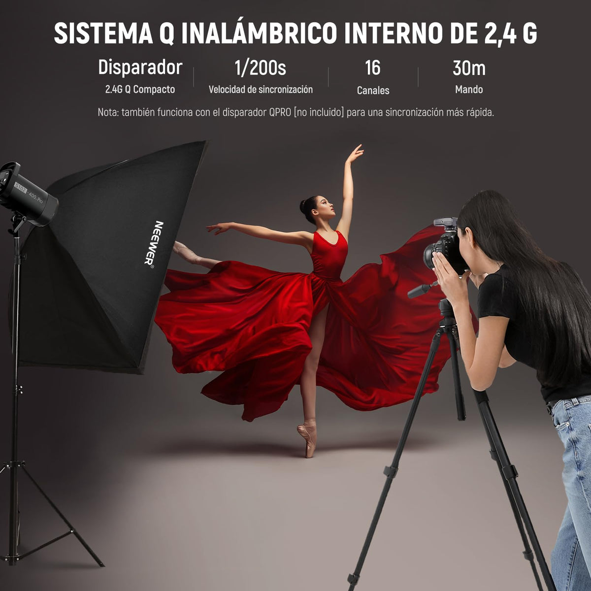 NEEWER S102-400W Pro Fash Luz Strobe con Disparador 2.4G, 400Ws GN62 5600K con 30W Lámpara de Modelar LED Reflector Montaje Bowens Modo S1/S2 Ventilador para Fotografía Productos,Compatible con QPRO