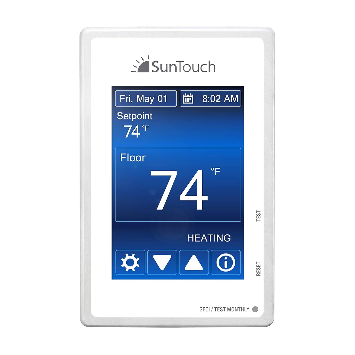 SunTouch SunStat Command - Termóstato programable con visualización táctil a color para sistemas de calefacción por piso eléctrico, múltiples opciones de color de fondo, control de detección de piso y