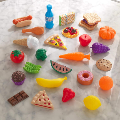 KidKraft 63509 Surtido de comida de juguete con 30 piezas de alimentos, juego de imitación para niños con accesorios incluidos, Multicolor