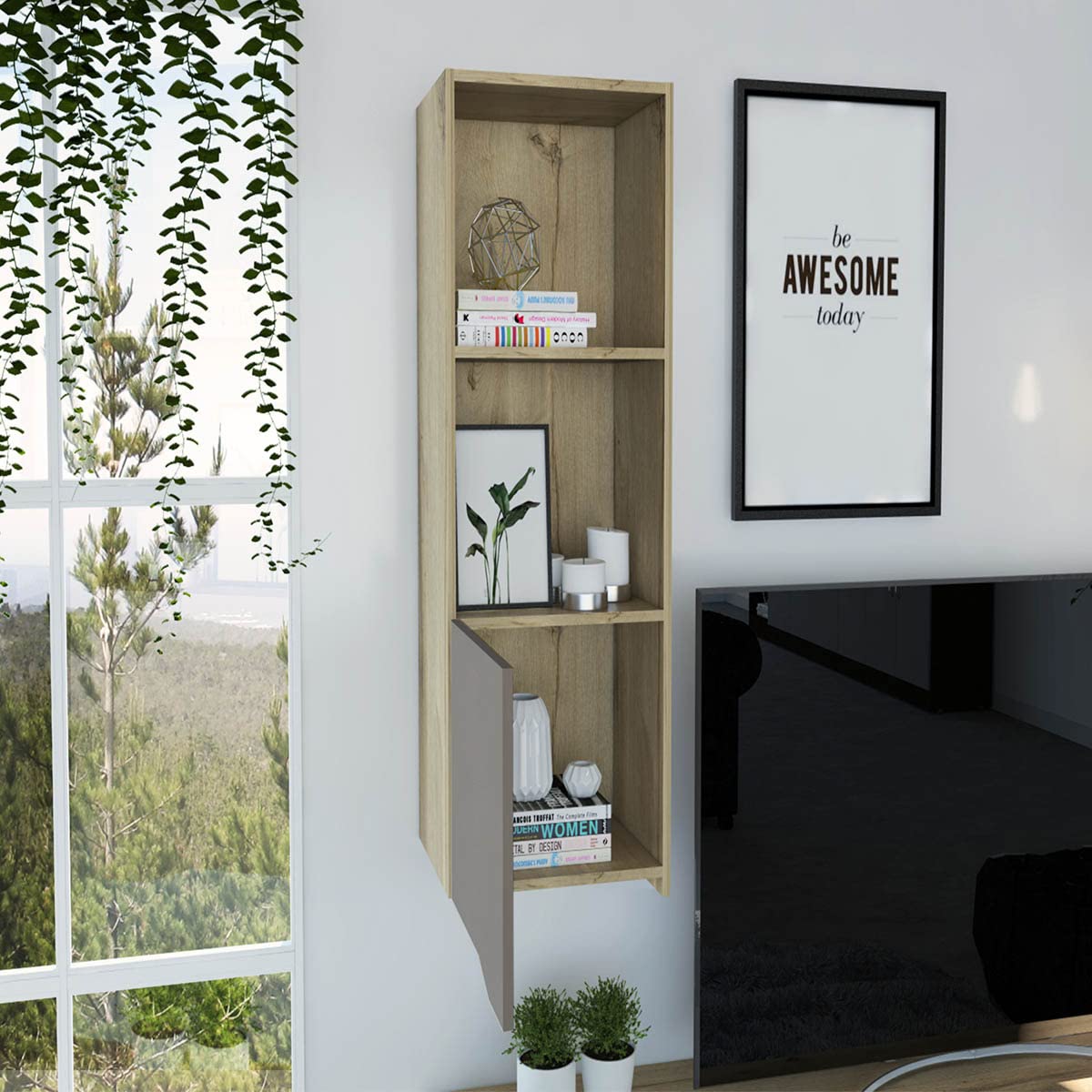 Espacio Excelsior - Espacio Klik KLIK Librero Auxiliar obregon armable, Color Duna con Taupe, Dimensiones 41 Largo X 34 Ancho X 110 Alto cm, Estilo contemporáneo, con Dos entrepaños y una Puerta abatible