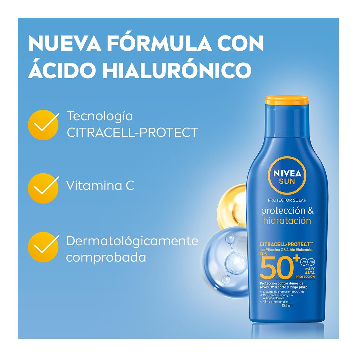 Protector Solar Corporal NIVEA SUN Protección E Hidratación Fps50+ 125Ml Con Vitamina C Y Ácido Hialurónico