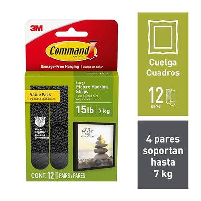 COMMAND 3M Tiras Adhesivas para Colgar Cuadros Grandes Negras 12 piezas | Decora sin dañar paredes, Removibles y sin residuos, No requiere herramientas, Soporta hasta 7.2 kg, Uso interior