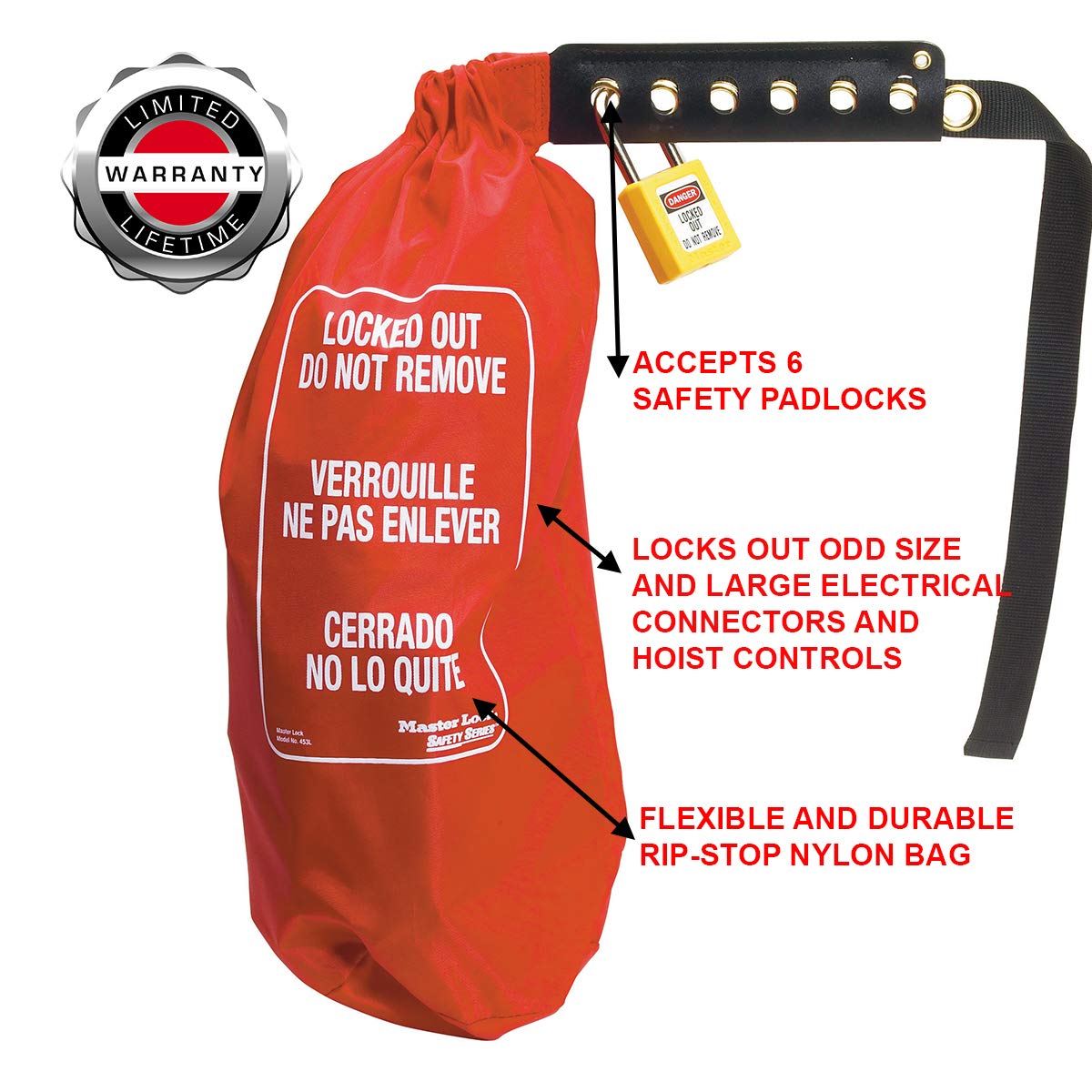Master Lock 453L Lockout Tagout Cubierta de control de enchufe y polipasto de gran tamaño