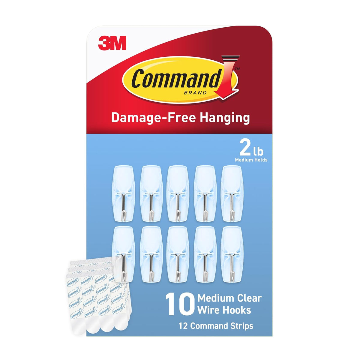 Command - Ganchos de palanca de alambre transparente, 10 ganchos de pared y 12 tiras de comando, sin daños y con calcomanía, ideal para colgar, organización y almacenamiento, soporta hasta 2 libras