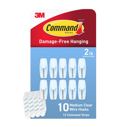 Command - Ganchos de palanca de alambre transparente, 10 ganchos de pared y 12 tiras de comando, sin daños y con calcomanía, ideal para colgar, organización y almacenamiento, soporta hasta 2 libras