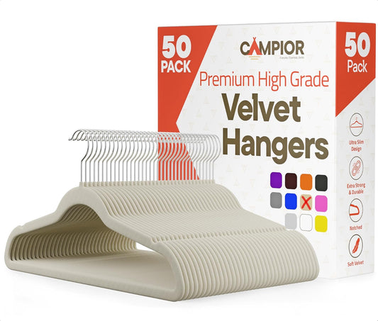 Campior Premium Velvet Non-Slip Hangers for Clothes - Heavy Duty Coat Hanger Set with 360° Swivel Hook, Lightweight, Luxurious Velvet Finish, Versatile Hangers for Any Closet, Pack of 50 - Ivory