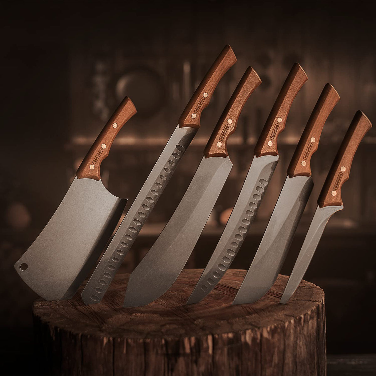 TRAMONTINA - Cuchillo para Carne Churrasco Black, con Lámina de Acero Inoxidable Oscurecido, Mango de Madera y Remaches de Acero Inoxidable, Cubierto para Cortes Grandes, Tamaño de 10"