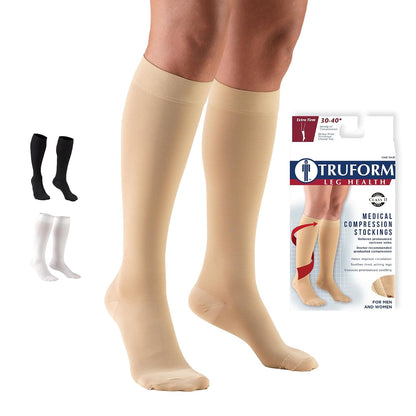 Truform Short Length, 30-40 Mmhg Compression Stockings For Men And Women, Reduced Closed Toe Beige, Medical Support Hose Unisex Adult, Large Short Length