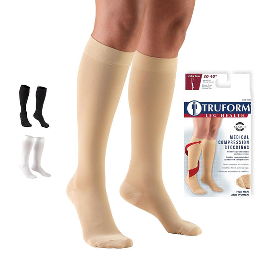 Truform Short Length, 30-40 Mmhg Compression Stockings For Men And Women, Reduced Closed Toe Beige, Medical Support Hose Unisex Adult, Large Short Length