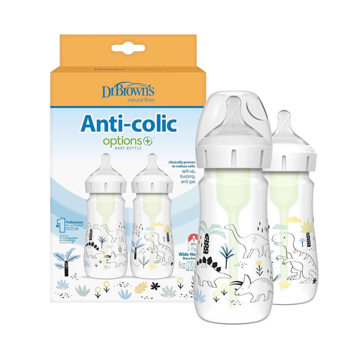 Dr. Brown's Natural Flow Anti-Colic Options+ Biberón Cuello Ancho, 5 oz, Paquete de 2 - multicolot