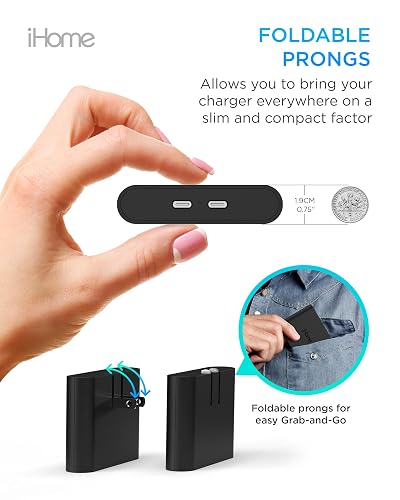 Cargador USB-C multipuerto de 36 W de iHome: Bloque de Cargador USB C Plano de 2 Puertos AC Pro, Cargador de Pared USB C Doble, Cargador de Pared USB-C Compatible con Carga rápida