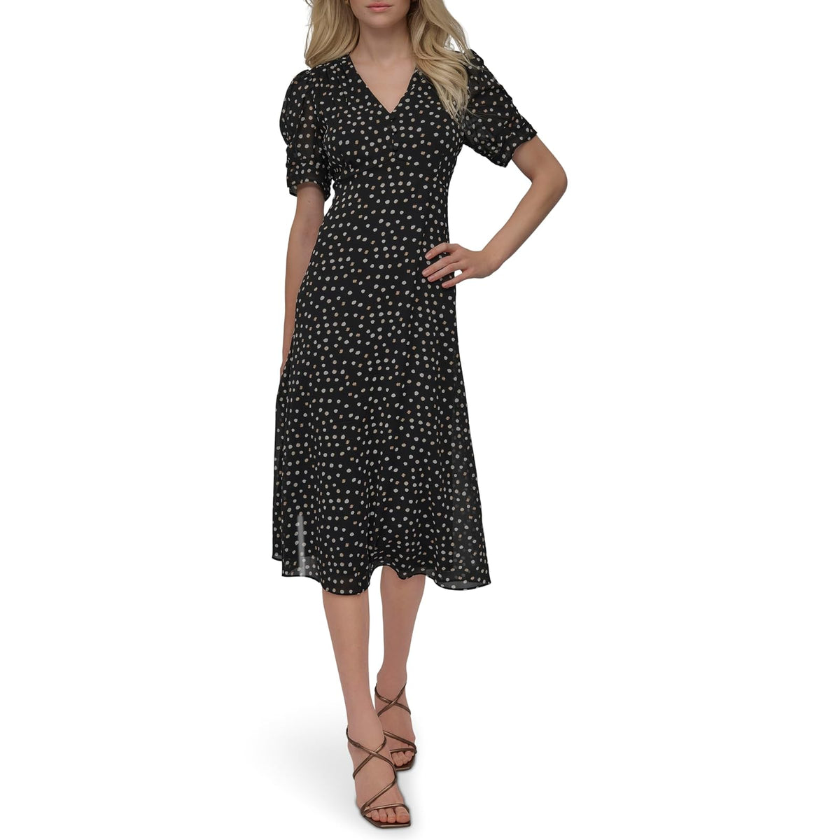 DKNY - Vestido Midi de Manga Corta con Botones en la Parte Delantera y Acampanado, para Mujer