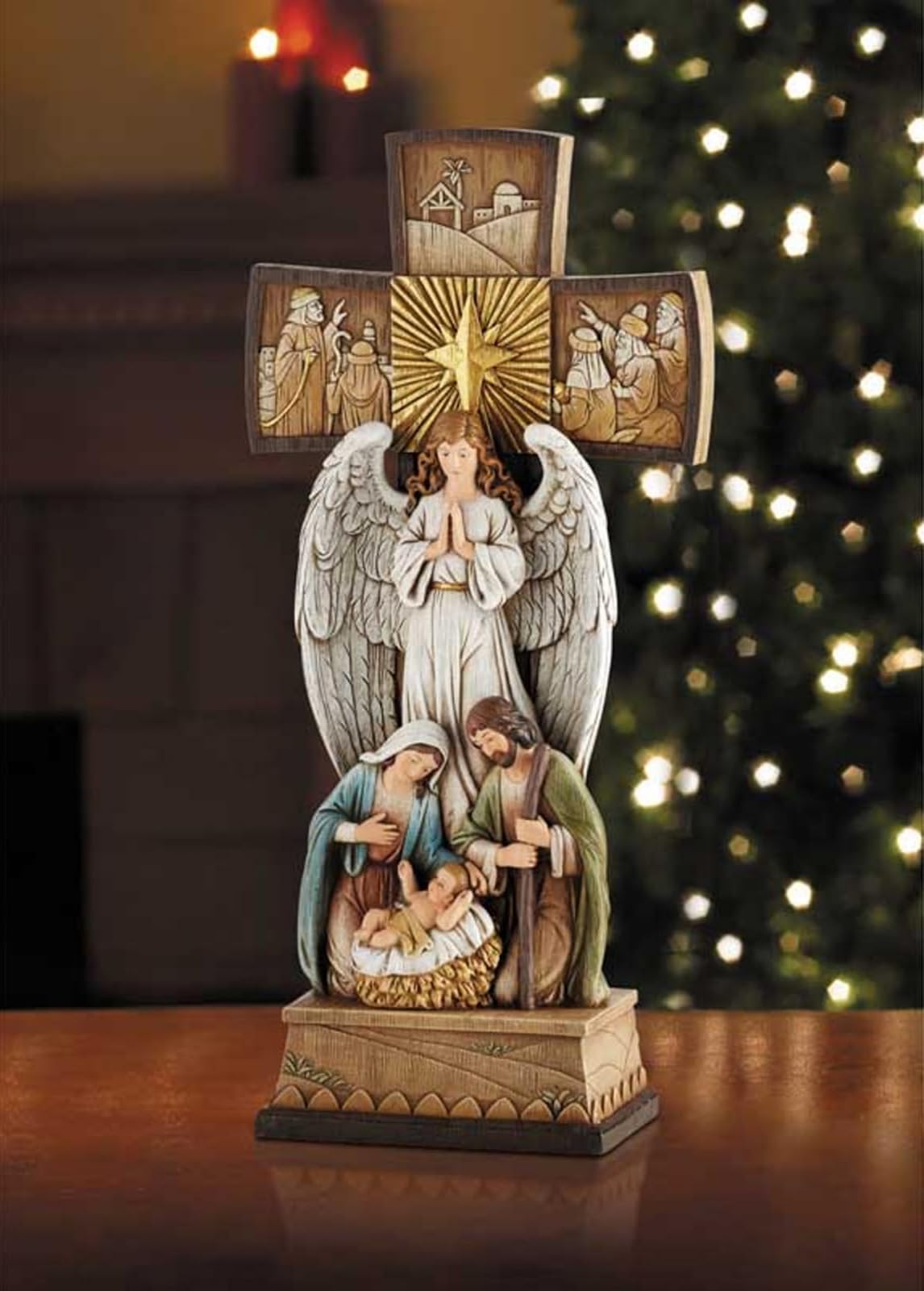 Avalon Gallery - Figuritas de Navidad - Figura de Centro de Mesa de Cruz de pie de Joseph Mary con Jesús y Ángel, 14 Pulgadas, Cruz de Natividad