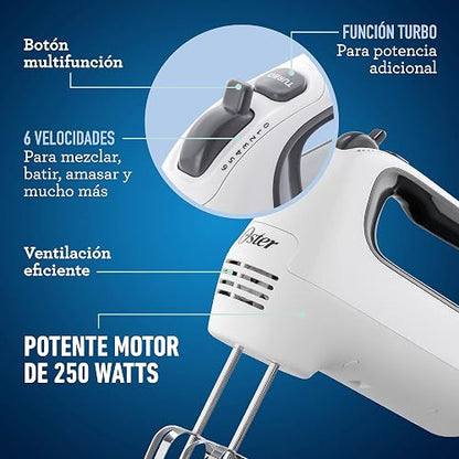 Oster Batidora de mano ® 6 velocidades blanca mango ergonomico FPSTHM3532 | Prepara masas para galletas y merengues, incluye ganchos amasadores, diseño ergonómico, blanco, FPSTHM3532
