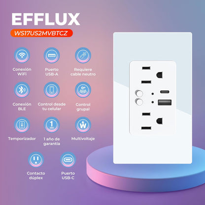 Tecnolite Connect - Contacto de Pared Inteligente WiFi Tomacorriente, 2 contactos + 2 puertos USB C/USB A, Cable Neutro, Compatible con App móvil, Alexa, Google y Siri
