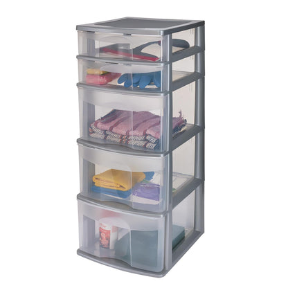 Italhome Cajonera FOX 5 de Plástico 5 Cajones Transparentes, Organizador Multiusos Desarmable para Hogar y Oficina, Mueble Resistente Fácil Armado, Color Gris