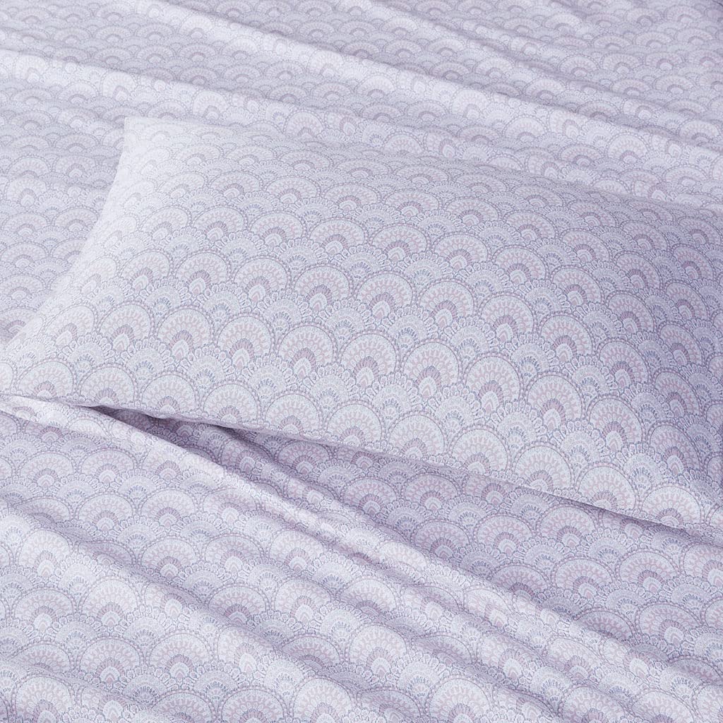 Comfort Spaces - Juego de sábanas de algodón de 144 hilos, transpirable, ligero, suave con bolsillo profundo elástico, ropa de cama moderna para todas las estaciones, funda de almohada a juego, King, morado Tabitha, 4 piezas