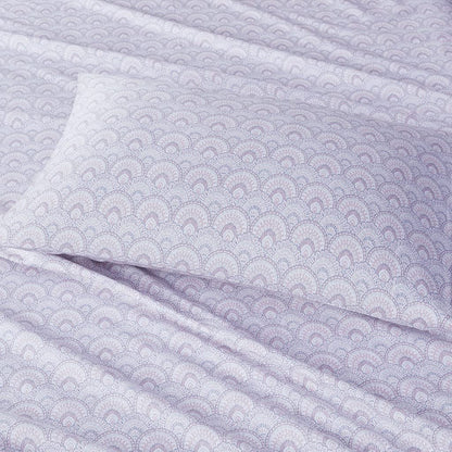 Comfort Spaces - Juego de sábanas de algodón de 144 hilos, transpirable, ligero, suave con bolsillo profundo elástico, ropa de cama moderna para todas las estaciones, funda de almohada a juego, King, morado Tabitha, 4 piezas