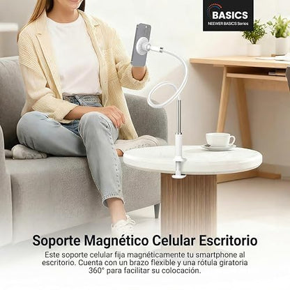 NEEWER BASICS Magnético Soporte Celular Escritorio, 360° Overhead Table Phone Holder Clamp Mount con Flexible Arm, Compatible con MagSafe iPhone Android Samsung para Grabación Video Cama, PA151 Blanco