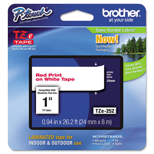 Brother Cinta Etiquetadora Laminada TZe-252 para P-Touch | Texto Rojo sobre Fondo Blanco, Compatible con Rotuladores P-Touch, 24 mm x 8 m, Ultra Resistente, P-Touch, rojo sobre blanco